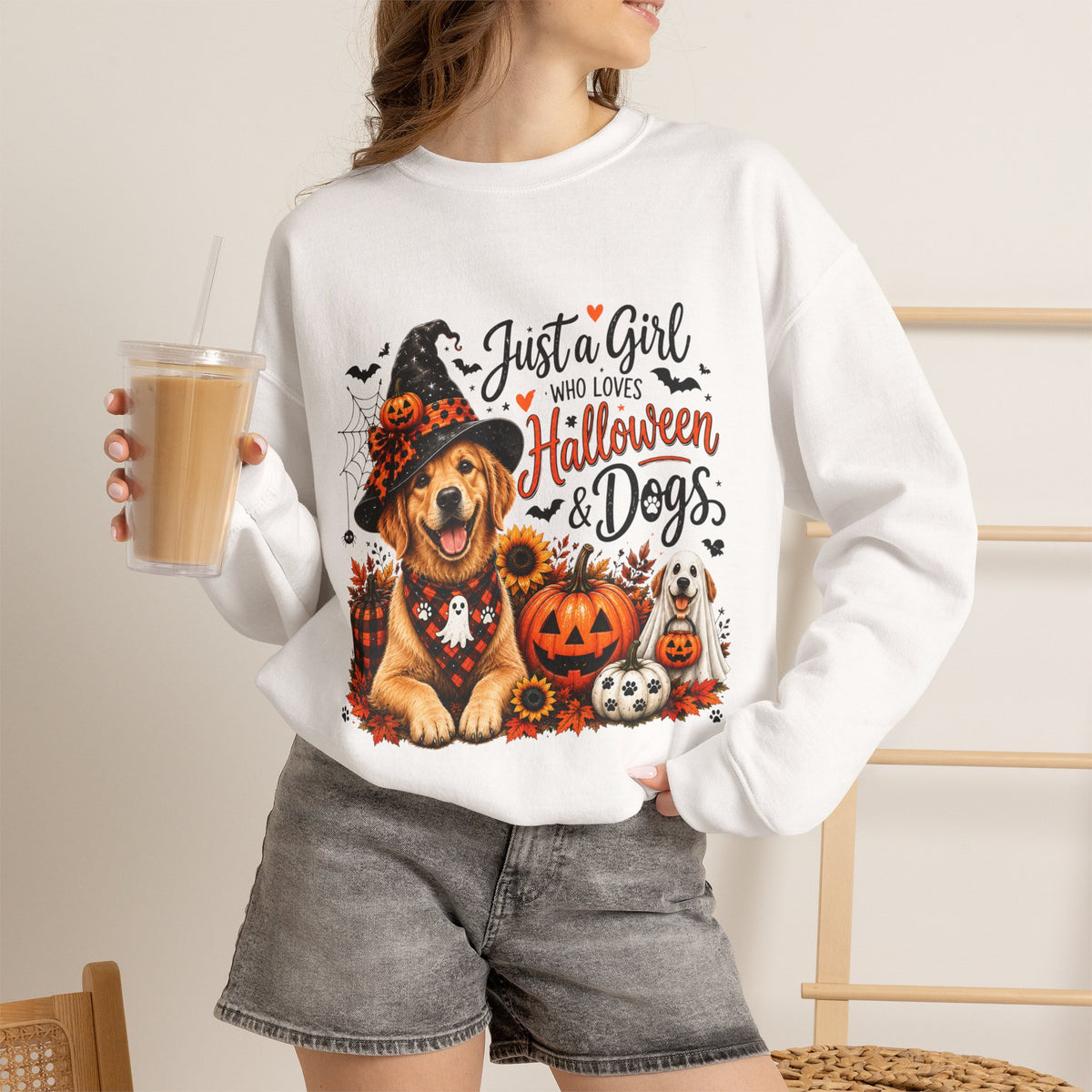 Halloween Dog SweatShirt, Just a Girl Who Loves Halloween and Dogs SweatShirt, Dog Mom Halloween Shirt,  Golden Retriever SweatShirt