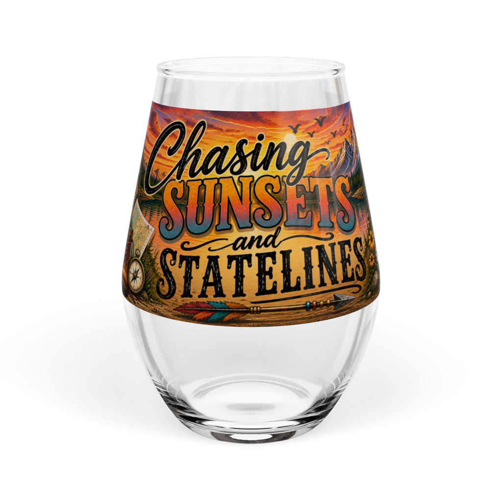 Chasing Sunsets and State Lines Stemless Wine Glass Travel Camping Outdoors