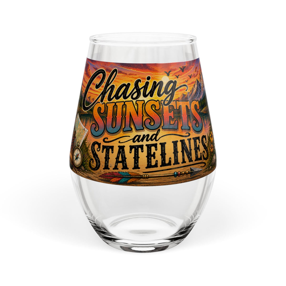 Chasing Sunsets and State Lines Stemless Wine Glass Travel Camping Outdoors