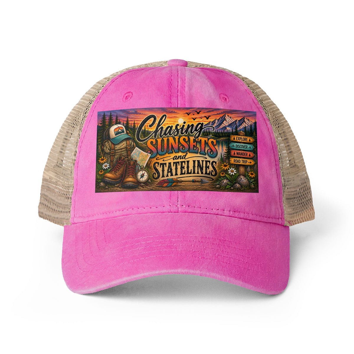 Chasing Sunsets and Statelines Trucker hat, Adventure Hat for Women, Road Trip Hat, National Park Gift, Camping Hiking Travel Cap