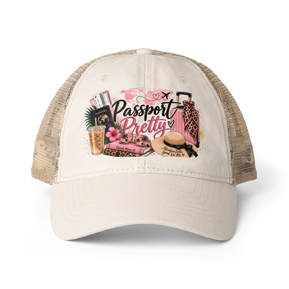 Passport Pretty Trucker Hat, Cute Travel hat for Women, Girls Trip Hat, Vacation Hat, Cruise Beach Cap, Frequent Traveler Gift