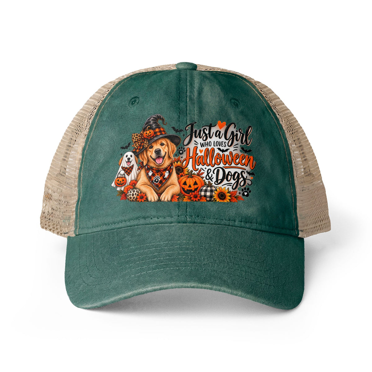 Halloween Dog Trucker Hat, Just a Girl Who Loves Halloween and Dogs Hat, Dog Mom Halloween Hat, Cute Golden Retriever Caps