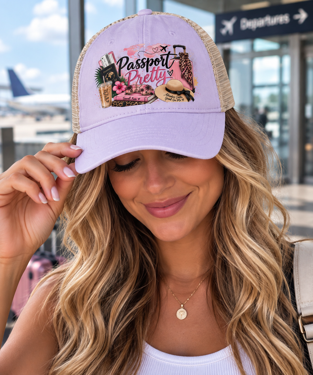 Passport Pretty Trucker Hat, Cute Travel hat for Women, Girls Trip Hat, Vacation Hat, Cruise Beach Cap, Frequent Traveler Gift