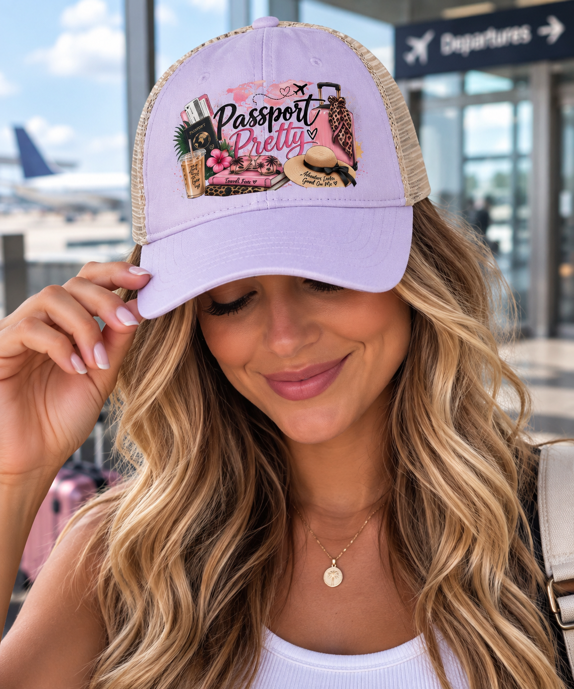 Passport Pretty Trucker Hat, Cute Travel hat for Women, Girls Trip Hat, Vacation Hat, Cruise Beach Cap, Frequent Traveler Gift